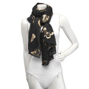 Butterfly Metallic Long Scarf Semi Sheer Gold Black Fashion Lightweight